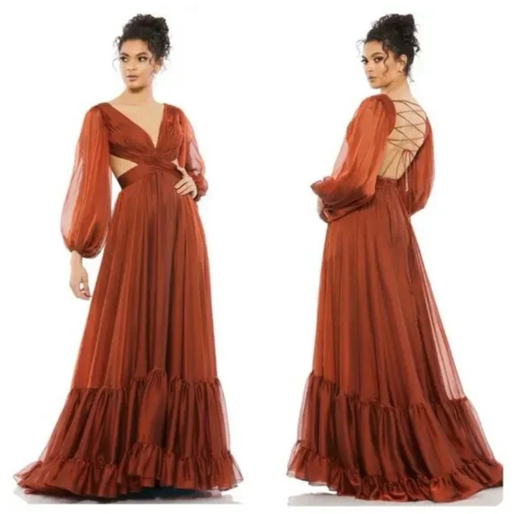 Mac Duggal Long Sleeve Cut Out Lace Up Tiered Chiffon Gown In Copper 67948